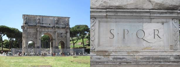 Kaksi kuvaa Roomasta. Ensimmäisessä kuvass on vanha muinaisen Rooman aikainen arkkirakennus, ja toisessa kuvassa lähikuva latinankielisestä lyhenteestä "S.P.Q.R.".